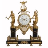 A fine Louis XV ormolu and black marble figural mantel clock with concentric...