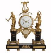 A fine Louis XV ormolu and black marble figural mantel clock with concentric...