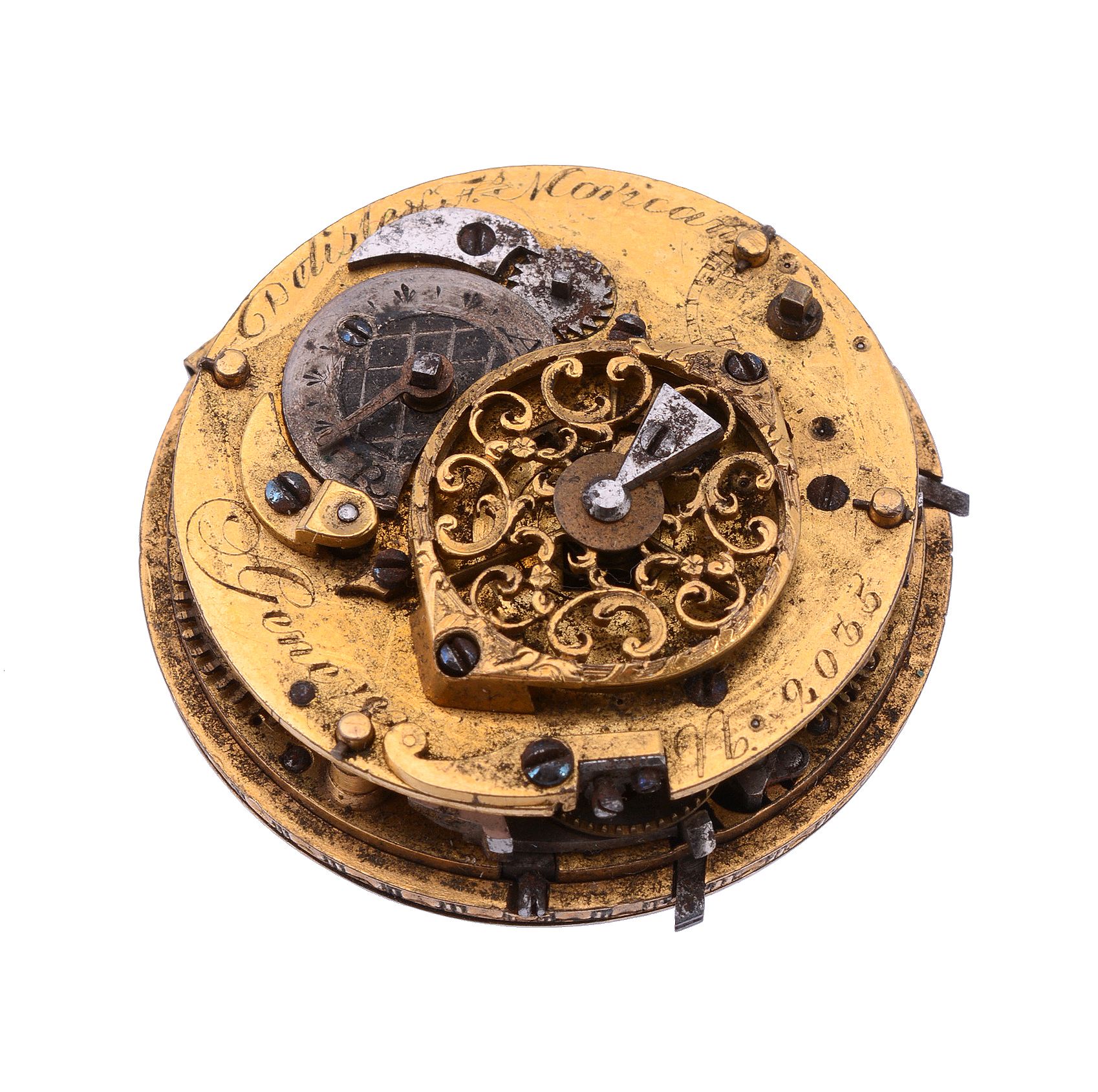 A Swiss small gilt brass quarter-repeating verge pocket watch movement...