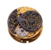 A fine Queen Anne gilt brass verge pocket watch movement with silver balance...