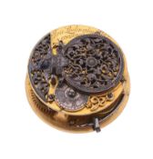 A fine George II gilt brass verge pocket watch movement with silver balance...