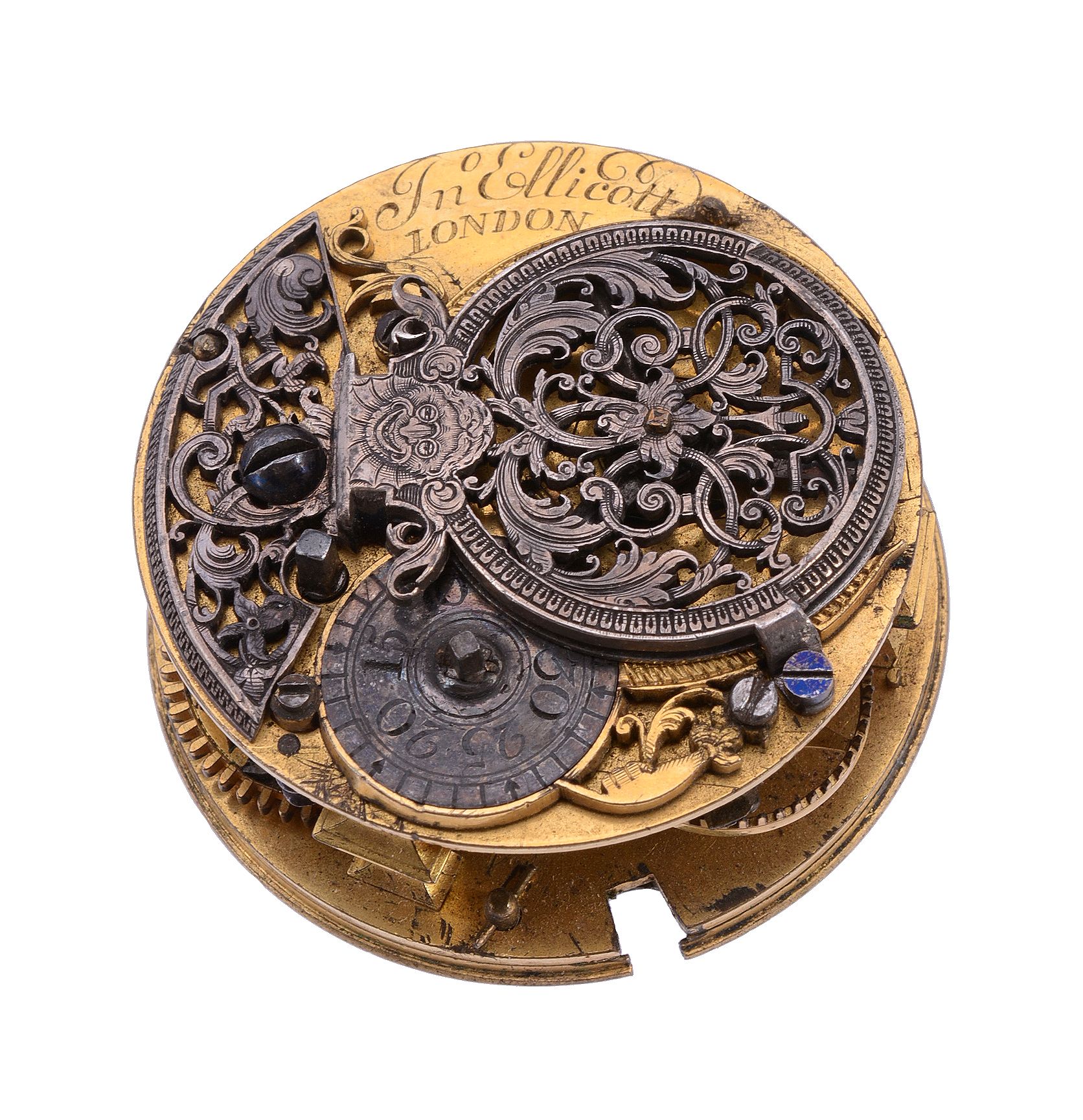 A fine Queen Anne gilt brass verge pocket watch movement with silver balance...