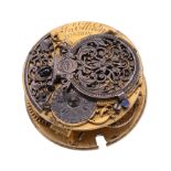 A fine Queen Anne gilt brass verge pocket watch movement with silver balance...