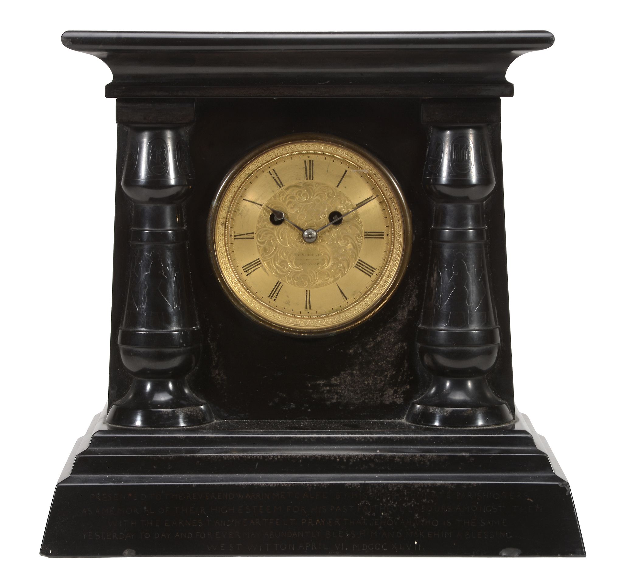 A George IV black marble mantel clock in the Egyptian taste Frodsham, London