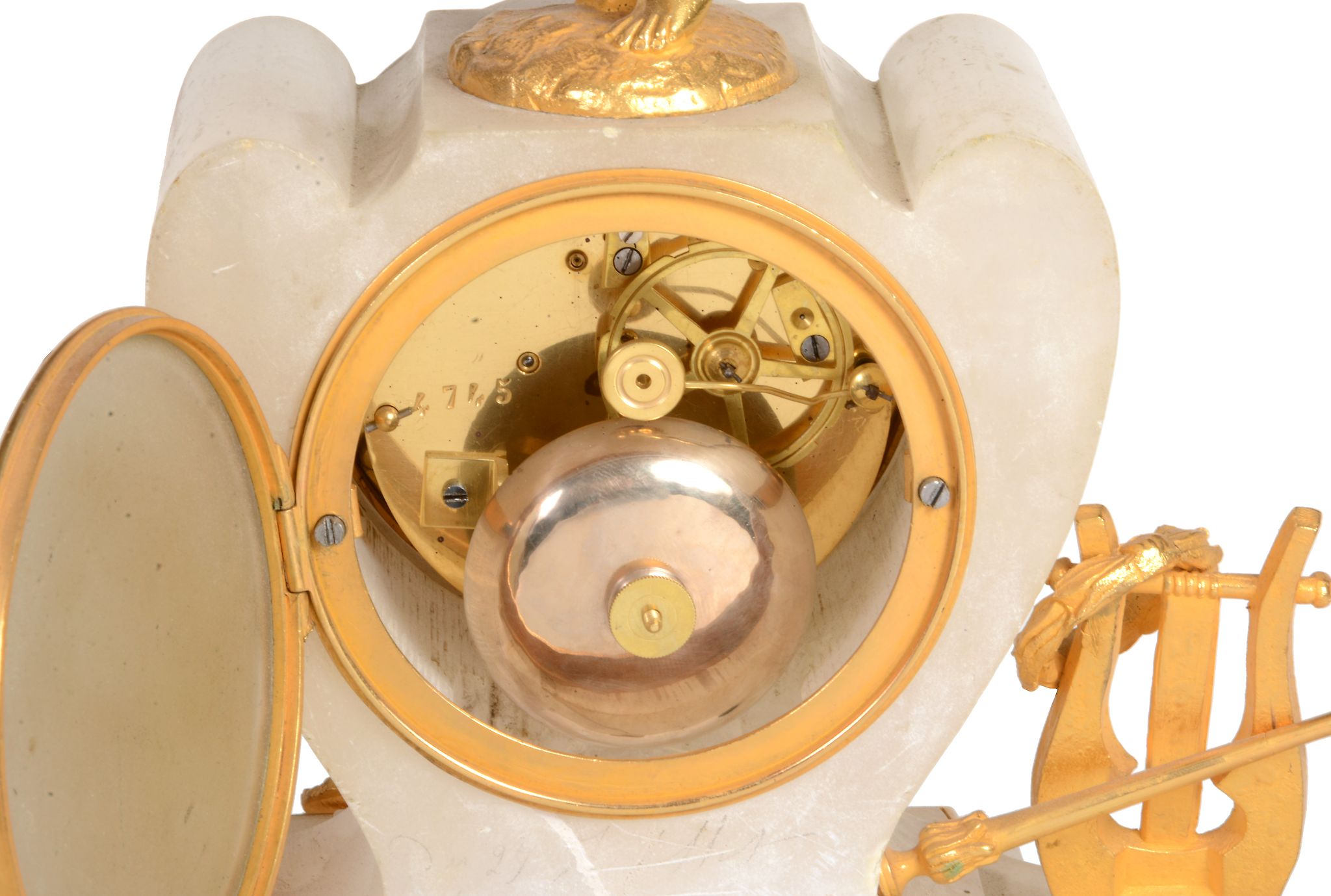 A French alabaster and gilt metal novelty mantel clock with conical pendulum... - Image 2 of 2