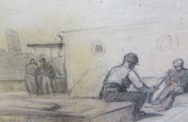 In the style of L. S. Lowry 'Working men' Pencil drawing Initialled L. S. L and dated '43 lower left