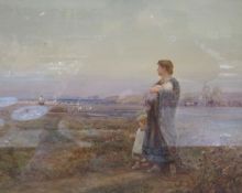 Tom Lloyd (1849-1910) Woman and Children waiting in field Watercolour Signed and dated 1887 39cm x