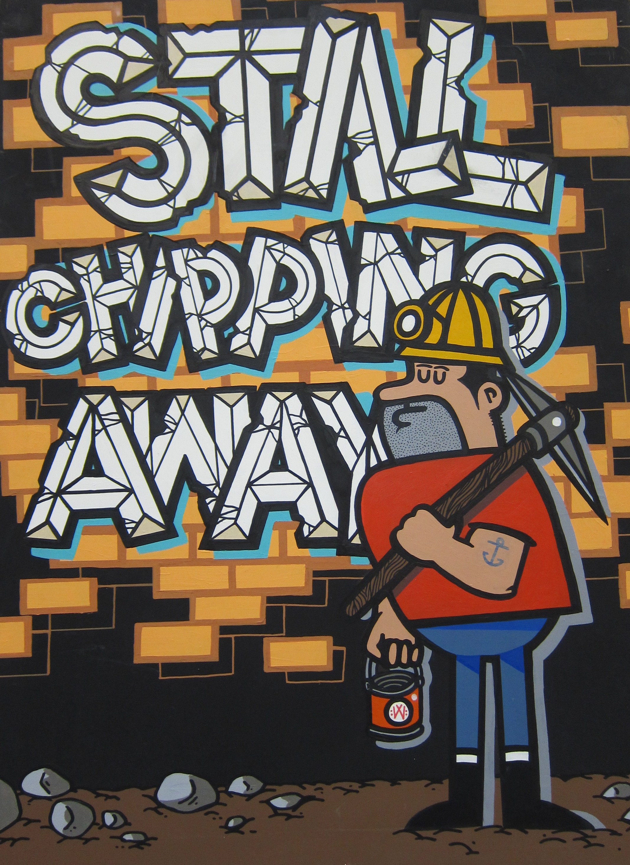 RPM (Contemporary) 'Still Chipping Away' Street art on board Signed to reverse 81cm x 61cm