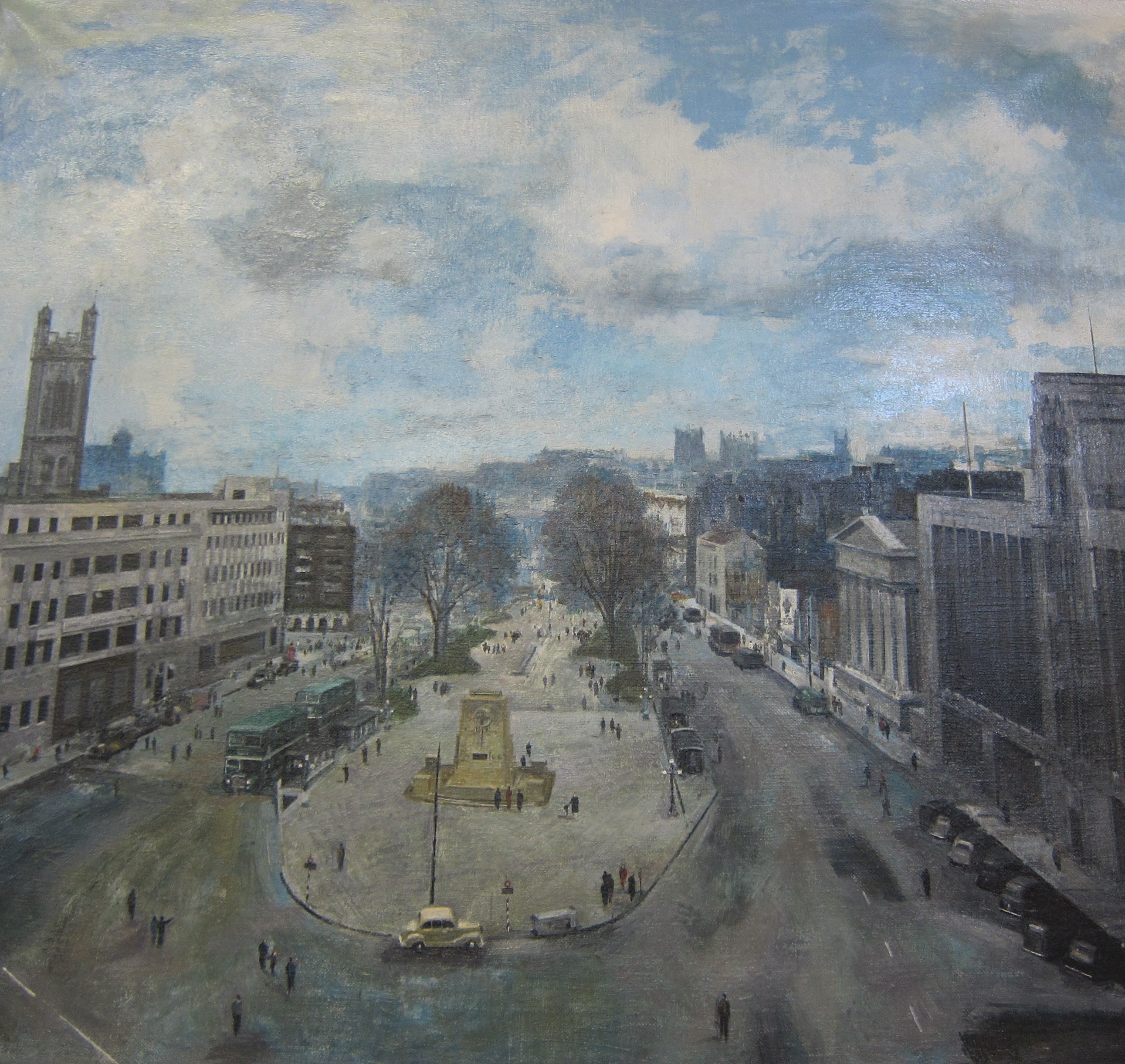 S.. Miller (British, 20th Century) 'Bristol Centre in 1951' Oil on canvas Signed lower left and