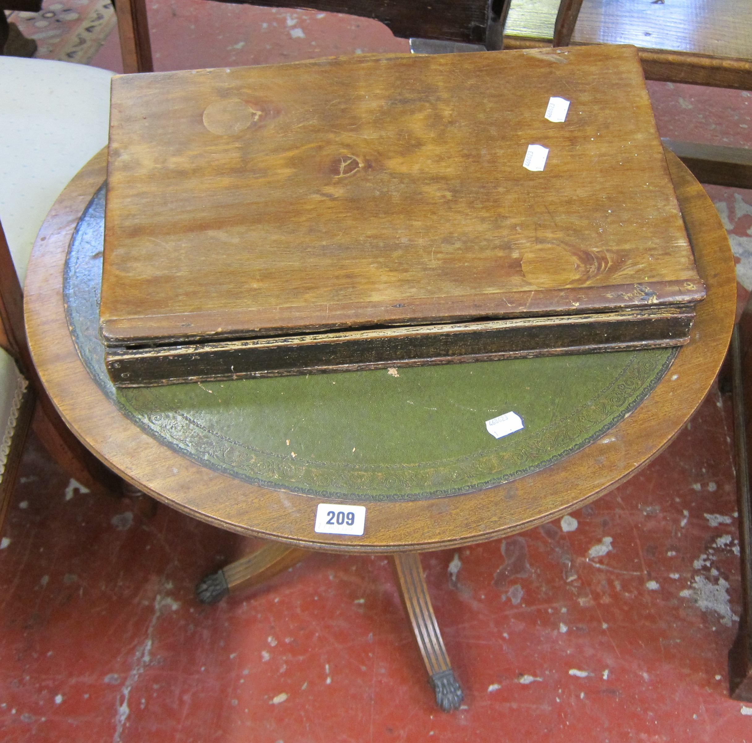 A Regency style mahogany coffee table, set of four 19th Century dining chairs and a writing slope