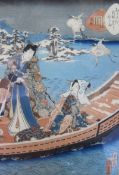 Japanese School (19th Century) 'A Scene from the Tale of Genji' Woodblock print With label to