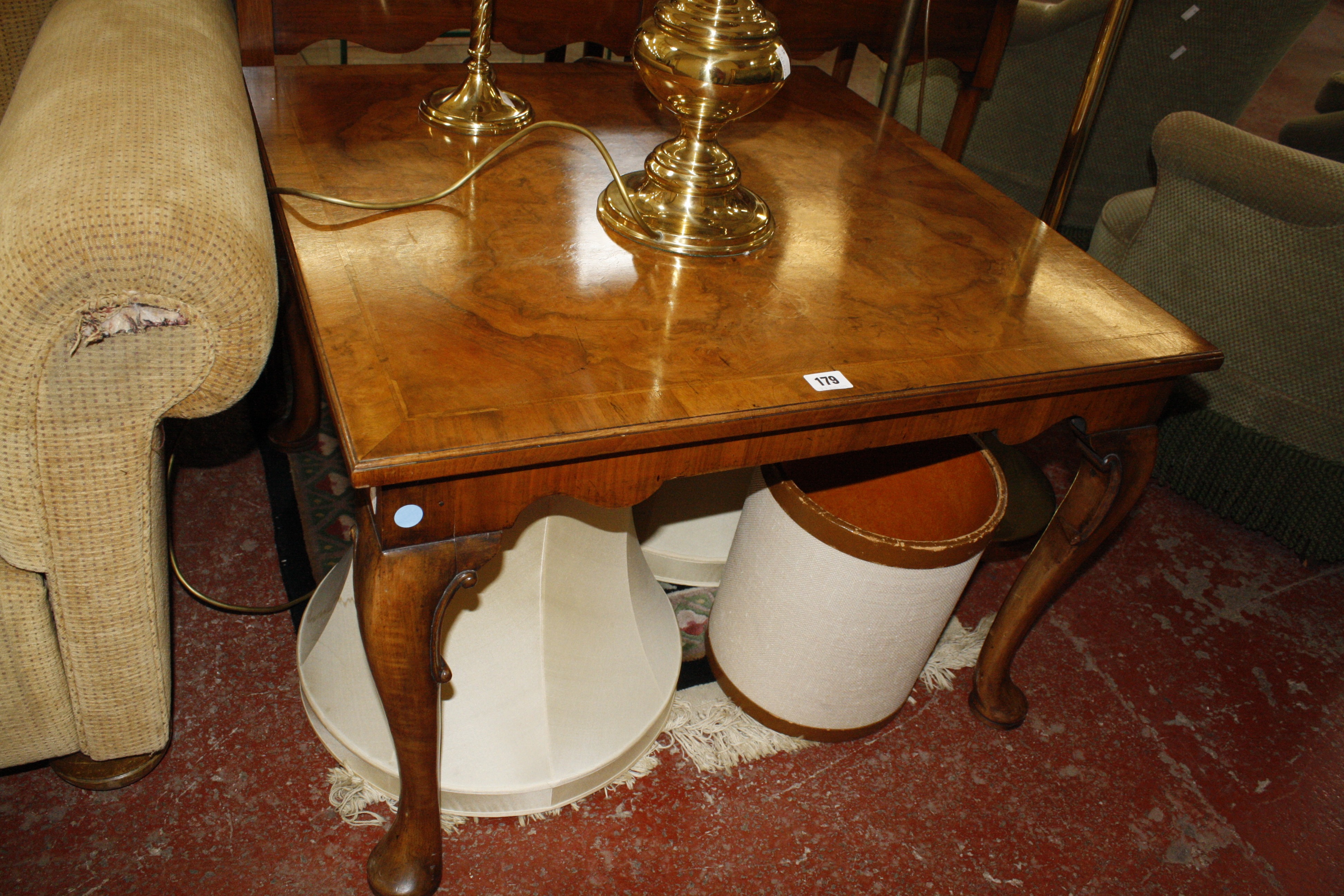 A square walnut coffee table, two mahogany lamp tables and small walnut tripod table.