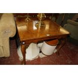 A square walnut coffee table, two mahogany lamp tables and small walnut tripod table.