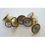 A pair of 18ct gold, diamond, mother of pearl and enamel cufflinks and a spare pair of ends