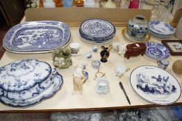 A quantity of blue and white ceramics, stoneware, Royal Worcester figure and other decorative ware