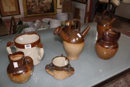 Doulton Lambeth stoneware jugs, tri-handled mugs and other items -7