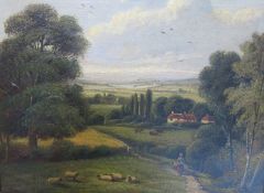 English (19th Century School) Female figure on path in country landscape Oil on canvas Signed