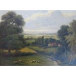 English (19th Century School) Female figure on path in country landscape Oil on canvas Signed