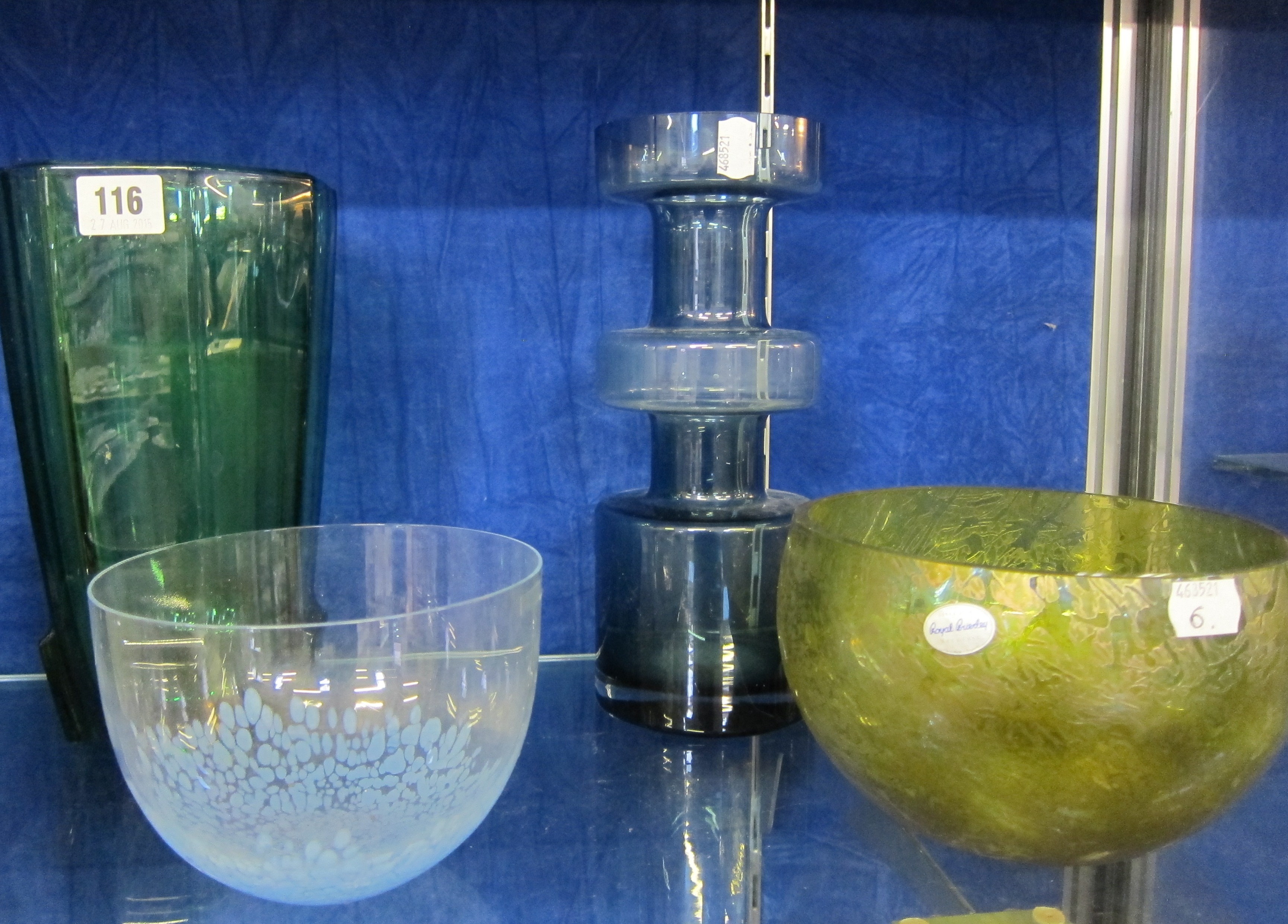 A Swedish Lindshammar clear glass bowl with blue flecks, a Royal Brierley art glass bowl, a LSA