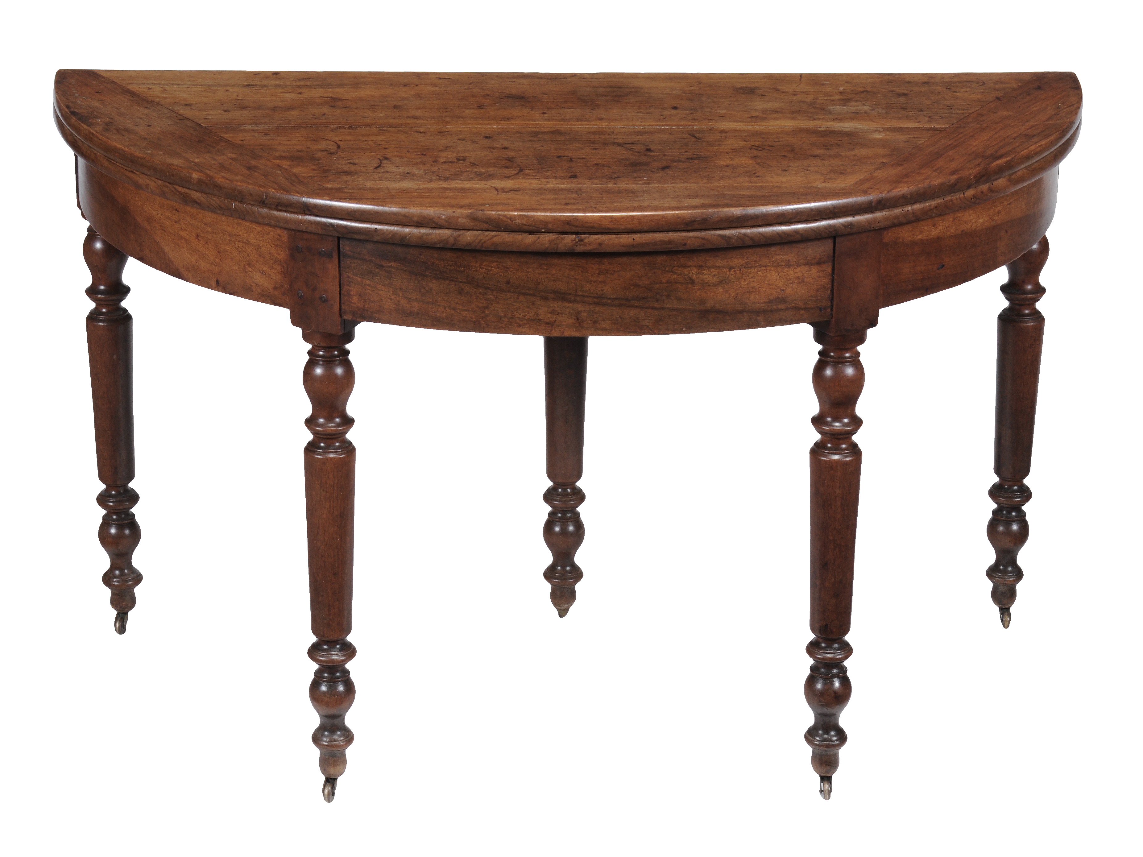 A Continental walnut folding dining table, late 18th/early 19th century, the tilt top opening to