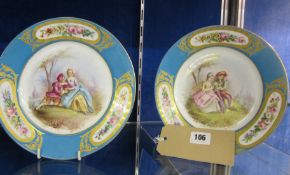 A pair Sevres style cabinet plates, each having painted central decoration depicting a romantic