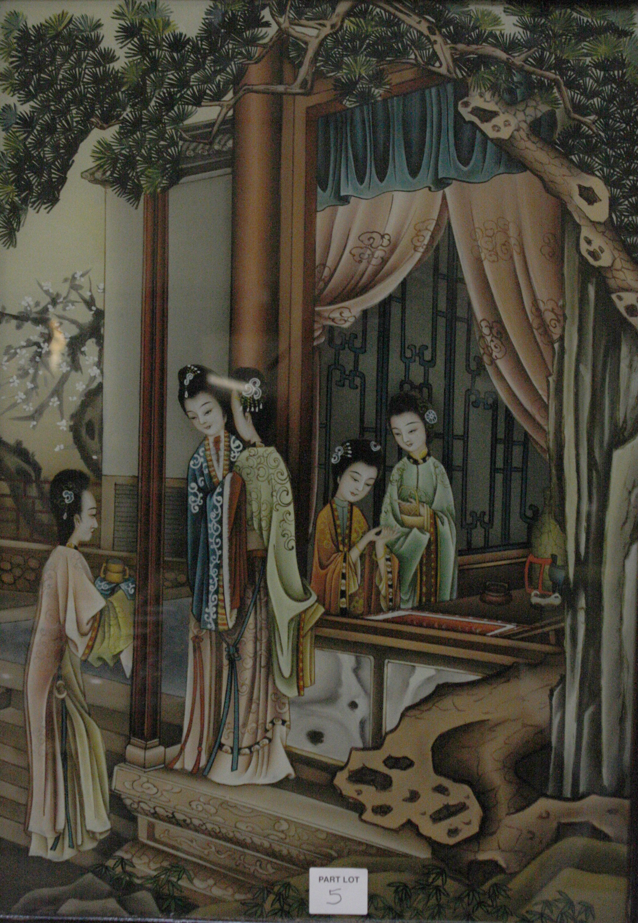 A pair of 20th Century Chinese paintings on glass in lacquered frames, a late 19th/ early 20th