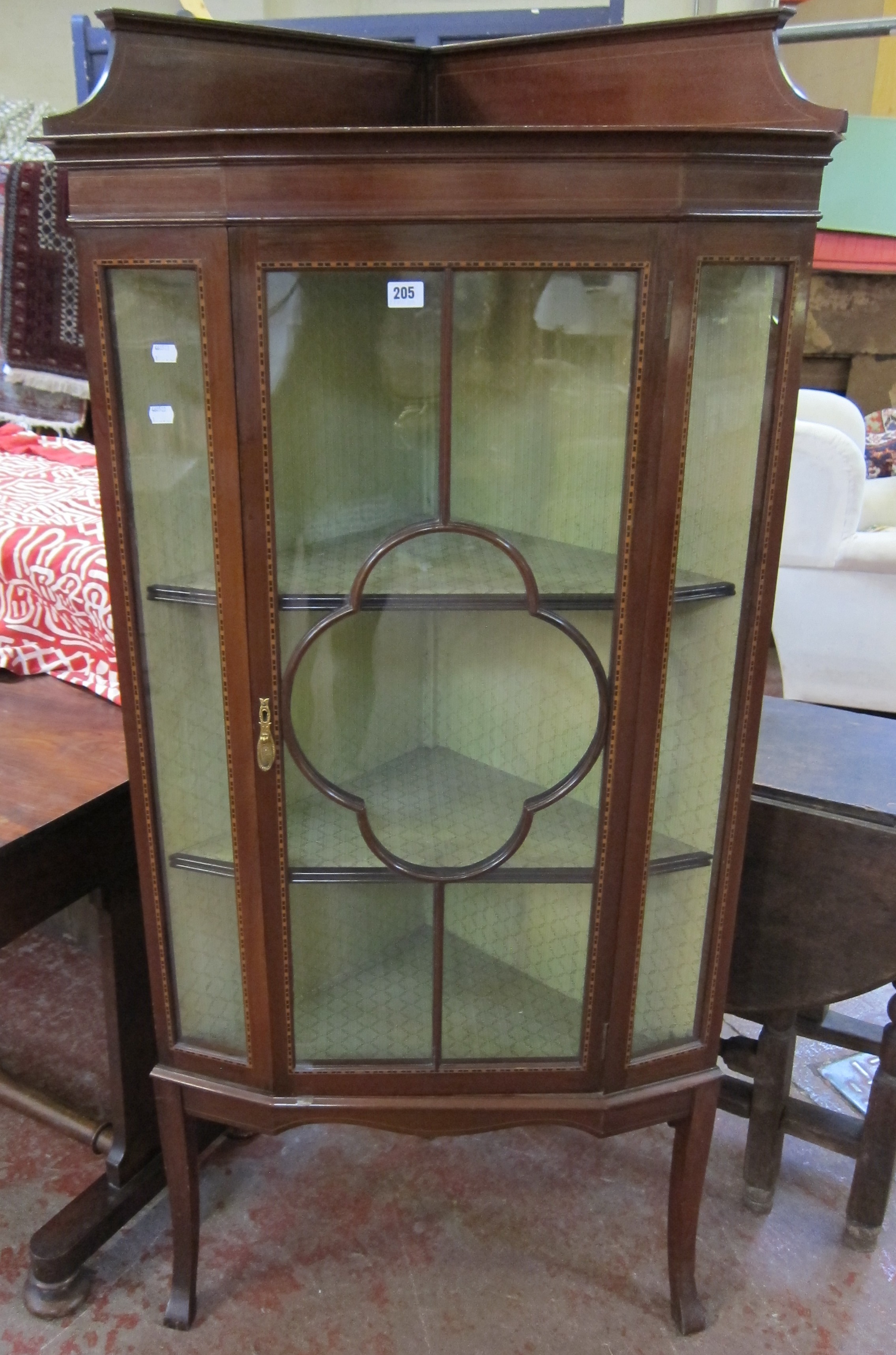 An Edwardian corner china display cabinet. 74cm x 155cm