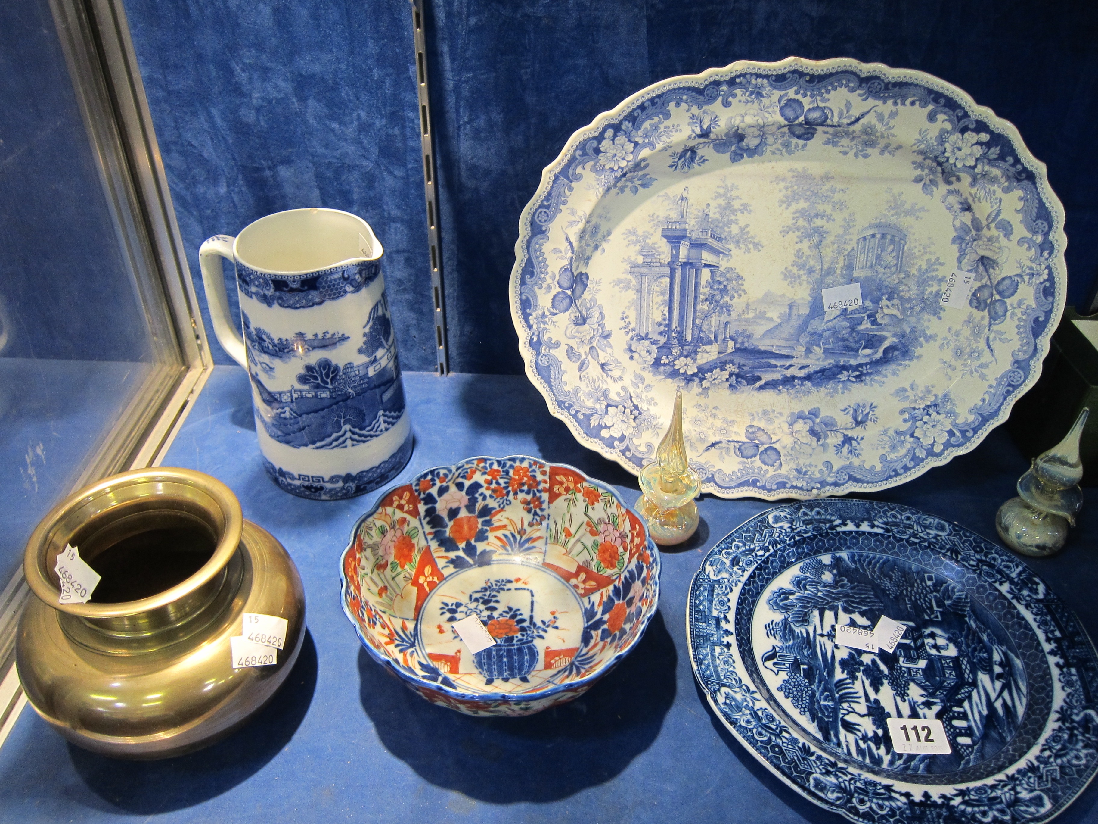 A blue and white meat plate, other items of blue and white, an Imari bowl, two perfume bottles and - Image 2 of 2