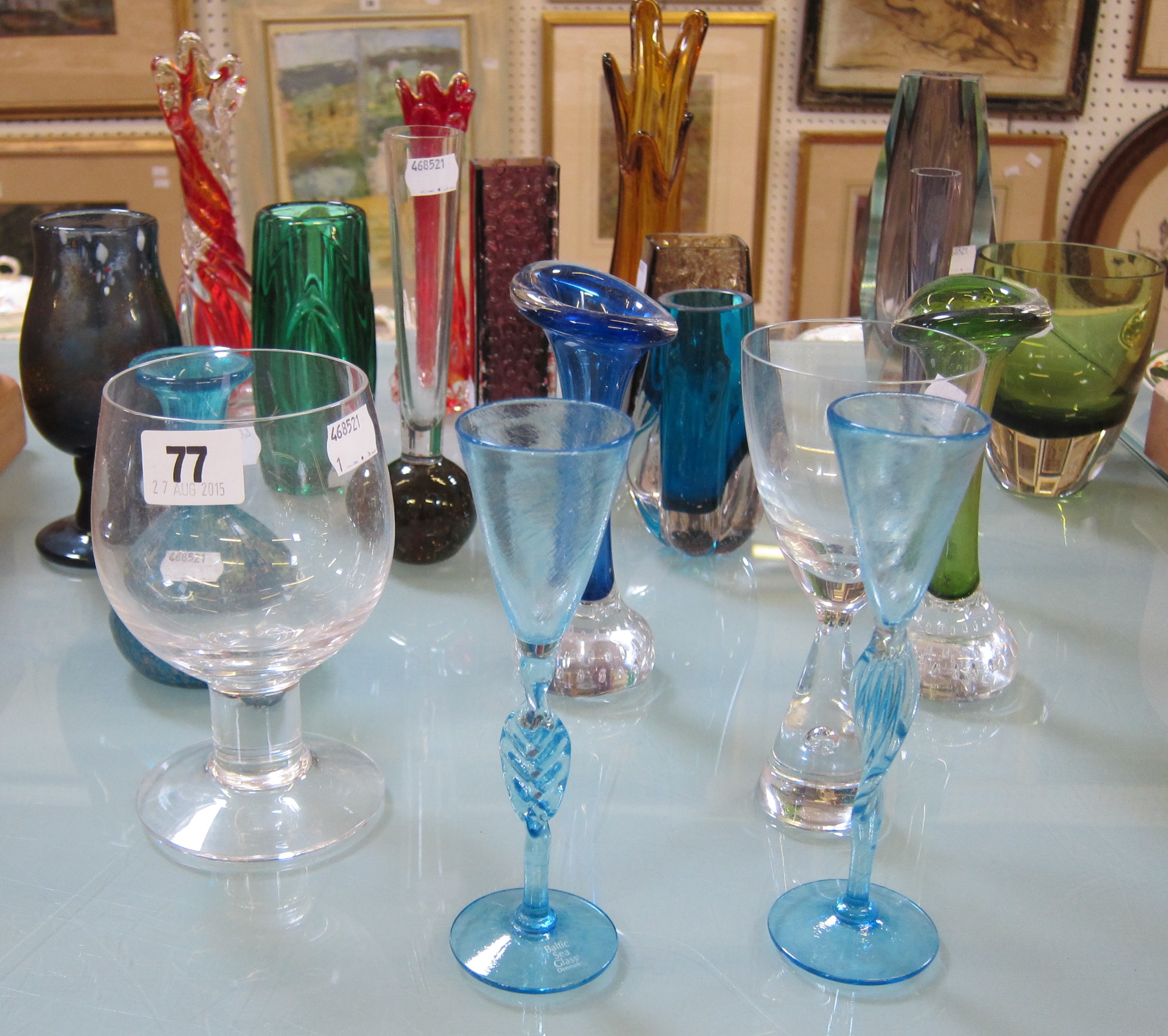 A quantity of art glass to include a pair of Danish Baltic Sea blue stem glasses, a Whitefriars type
