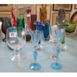 A quantity of art glass to include a pair of Danish Baltic Sea blue stem glasses, a Whitefriars type