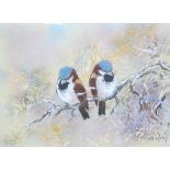 Max Karp (20th Century) A pair of birds resting on a branch Enamel painting on copper Signed lower