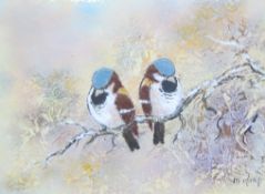 Max Karp (20th Century) A pair of birds resting on a branch Enamel painting on copper Signed lower