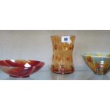 Three 20th Century studio pottery bowls, an amber coloured glass vase and a dish (5)