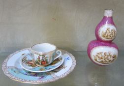 A Dresden cabinet cup and matching saucer, turquoise and floral decorated, a miniature cabinet