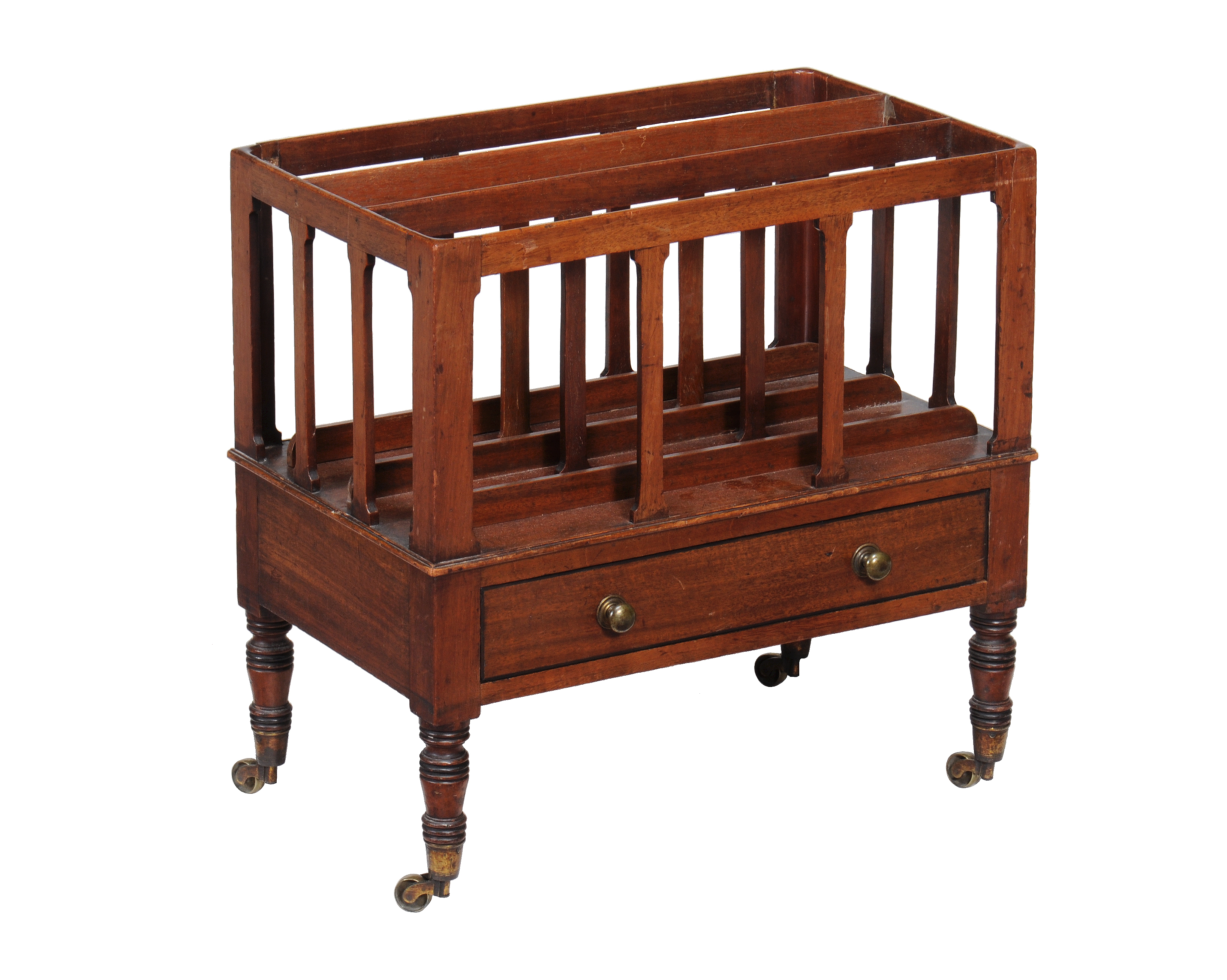 A Regency mahogany Canterbury, circa 1820, with ebony stringing, fitted a drawer and flat spindle