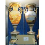 A pair of two-handles pedestal vases, decorated with fishing boats and coastal village, marked to