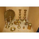 A quantity of assorted brassware, to include two pairs of brass candle sticks etc Best Bid