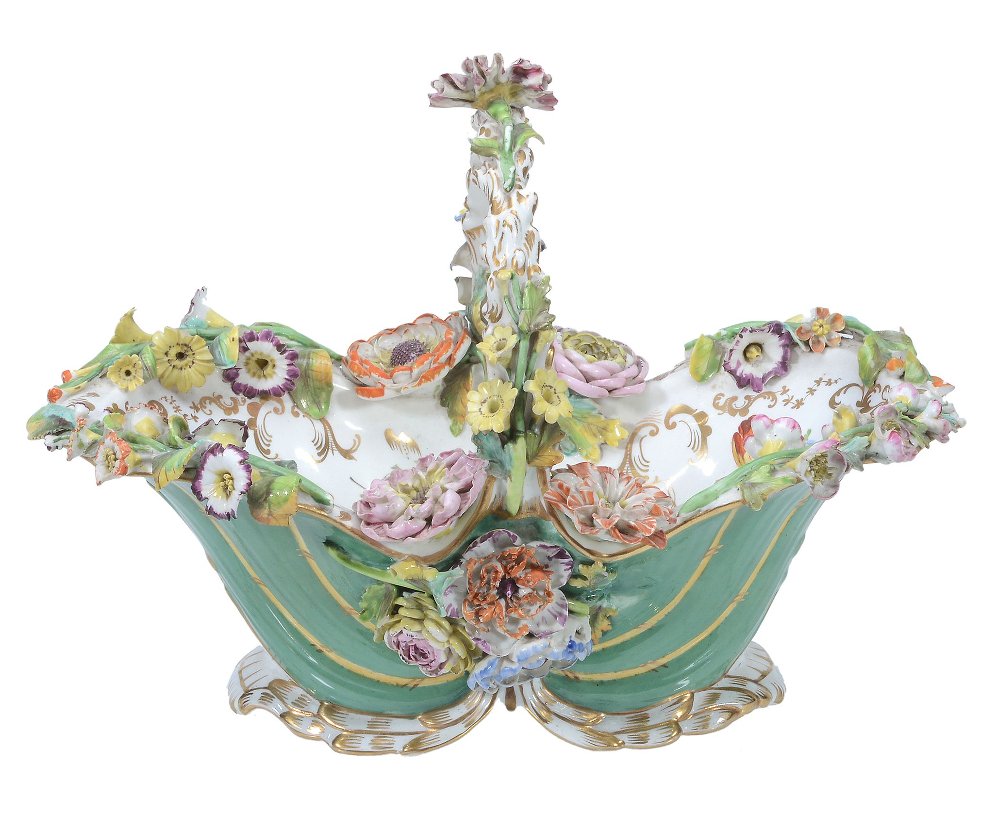 A Coalport green-ground flower-encrusted basket, circa 1830, 31cm in length  A Coalport green-ground - Image 3 of 3