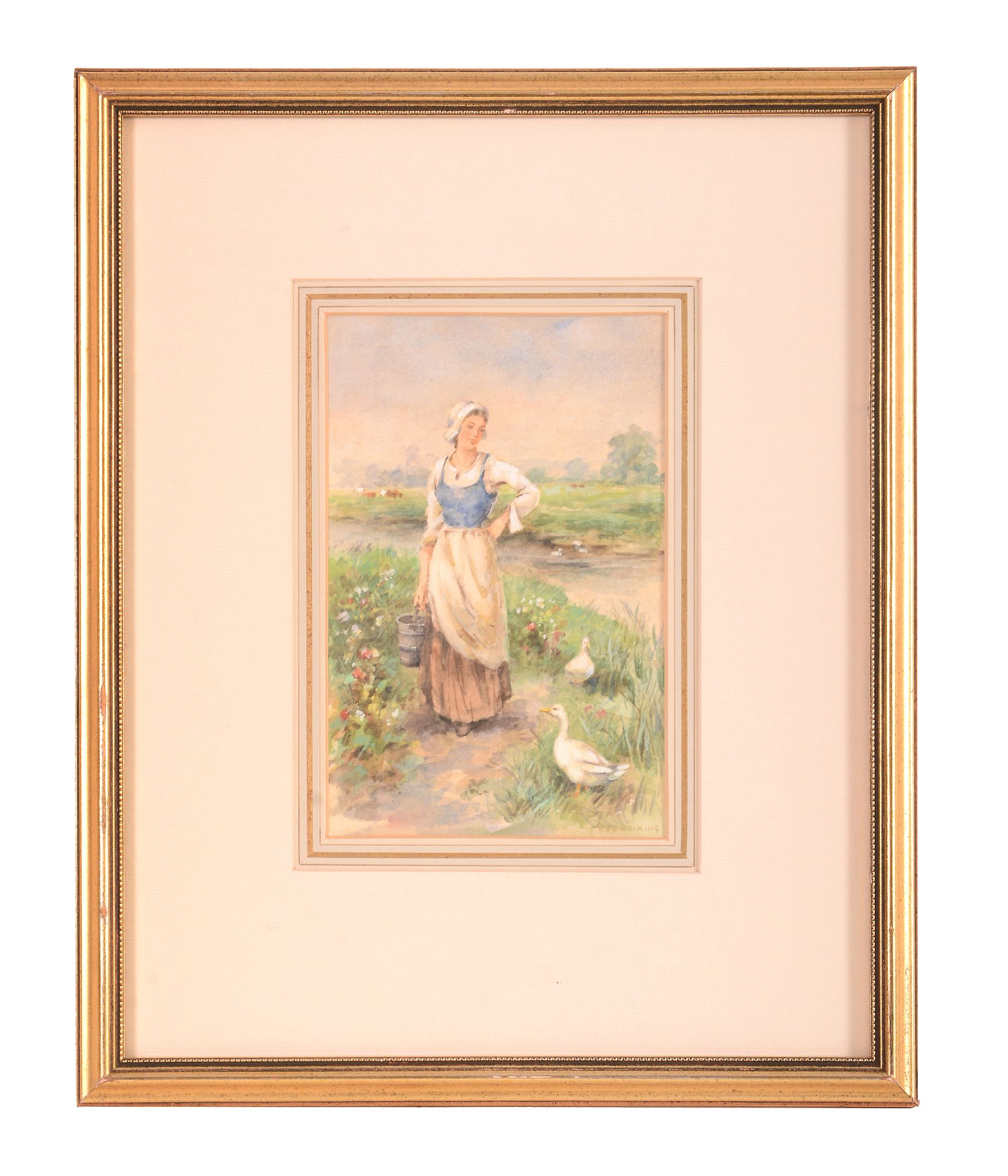 Henry John Yeend King (1855-1924) - Milkmaid on a riverside path Watercolour, hightened with white - Image 3 of 3