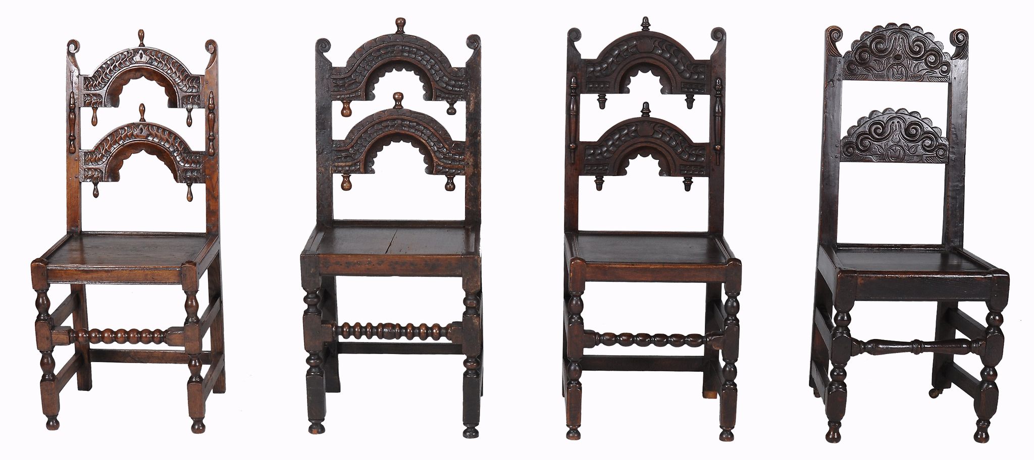 A harlequin set of eight oak dining chairs , circa 1680, of Derbyshire type  A harlequin set of - Image 2 of 2