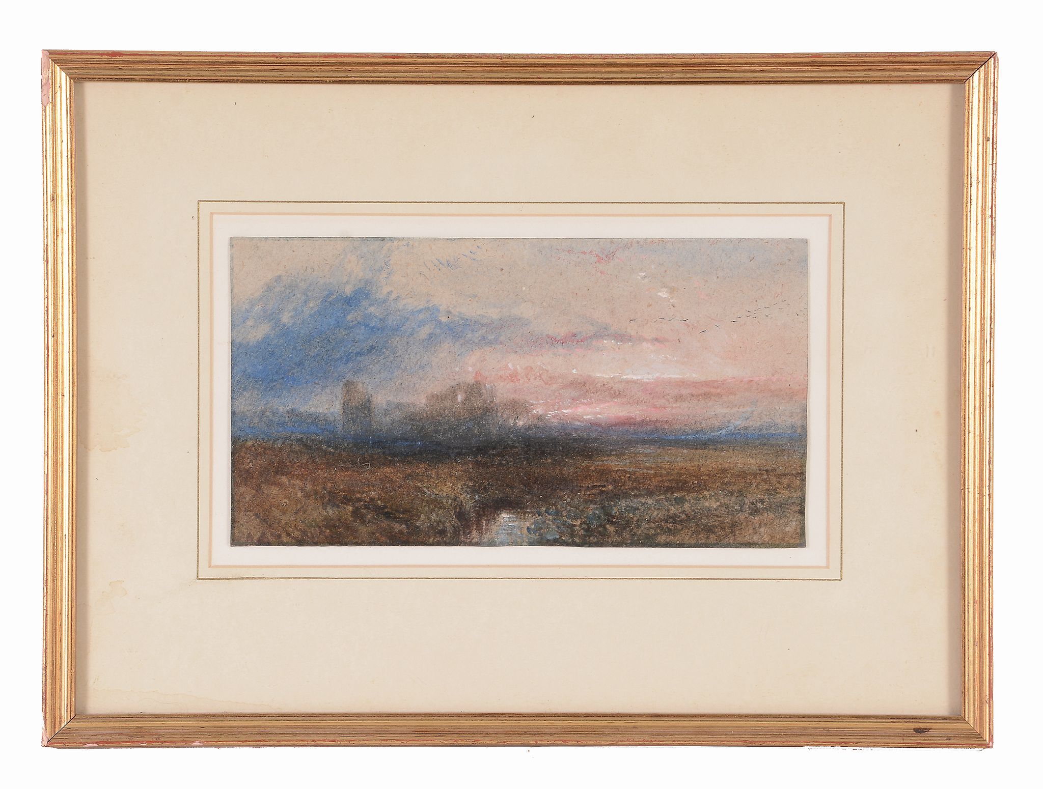 Follower of Albert Goodwin - Sunset with castle ruins Watercolour, with gum arabic, heightened - Image 2 of 2