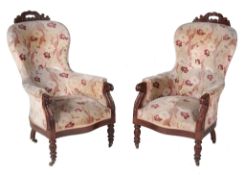 A pair of Victorian upholstered and mahogany chairs , circa 1850  A pair of Victorian upholstered