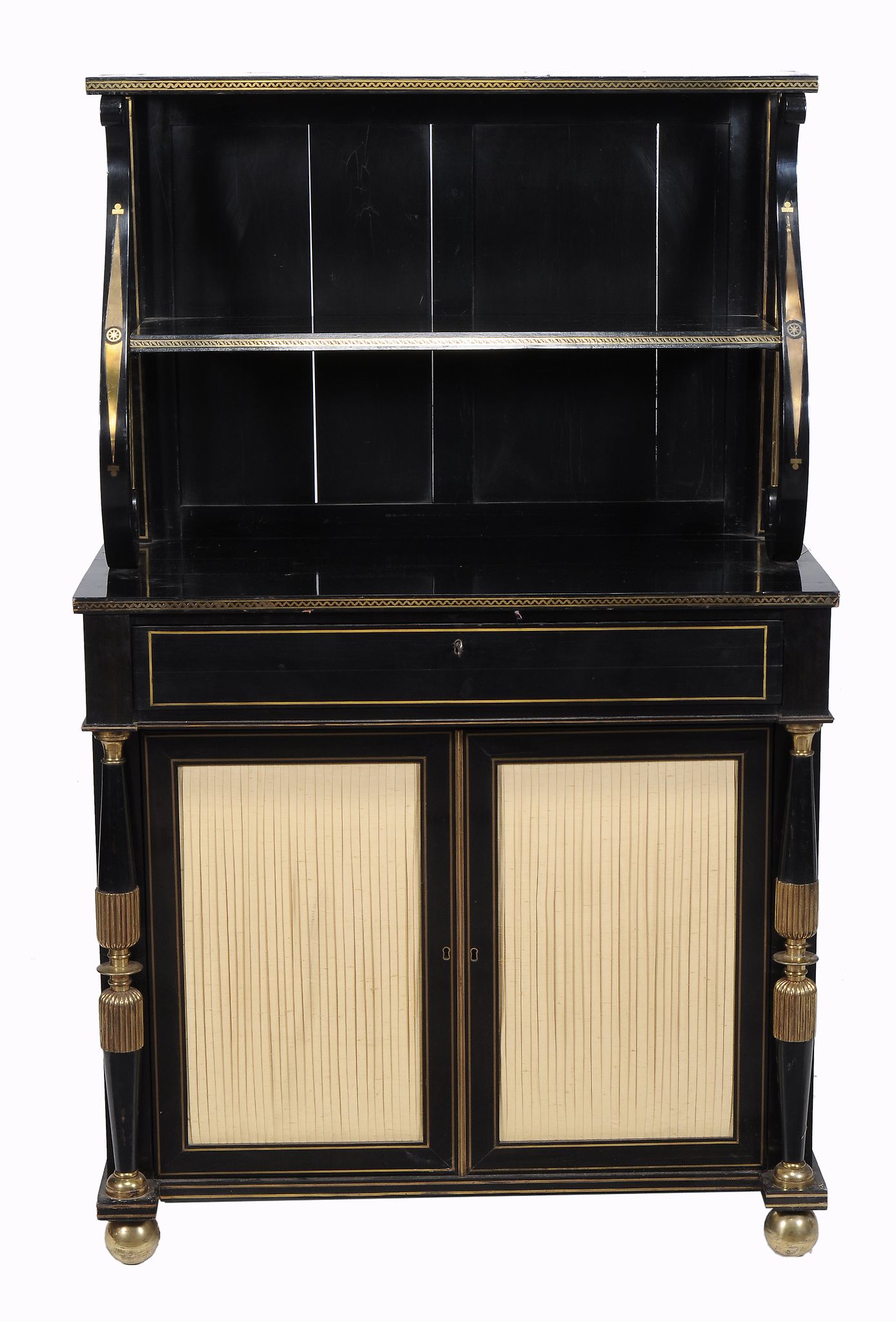 A late Regency ebony and brass inlaid secretaire chiffonnier, circa 1820  A late Regency ebony and