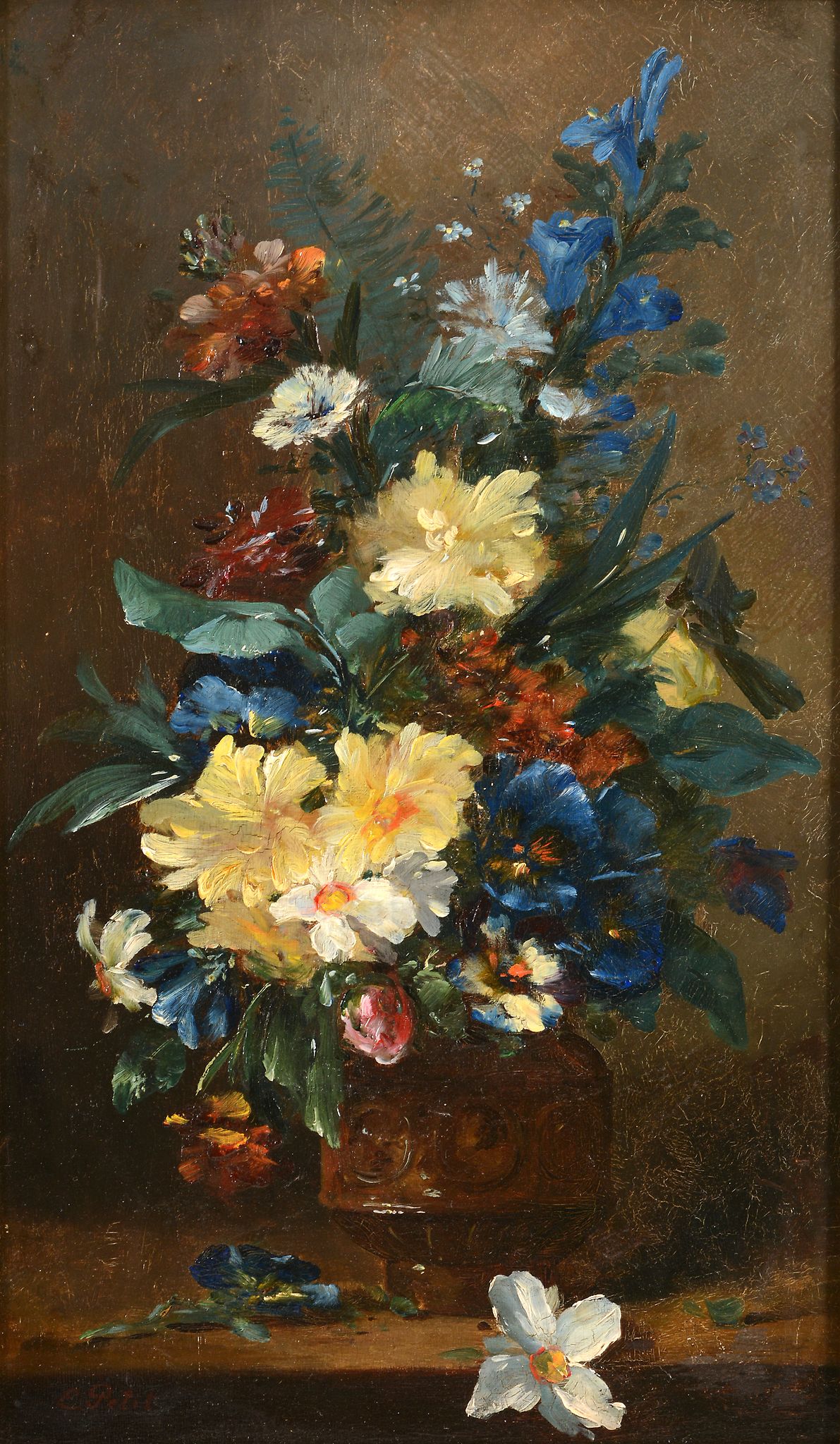 Eugene Petit (1839-1886) - Still life of flowers in a vase Oil on panel Signed lower left 50 x 31