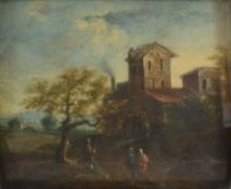 Circle of Christian Hilfgott Brand (1694-1756) - Travellers on a path with buildings beyond Oil on