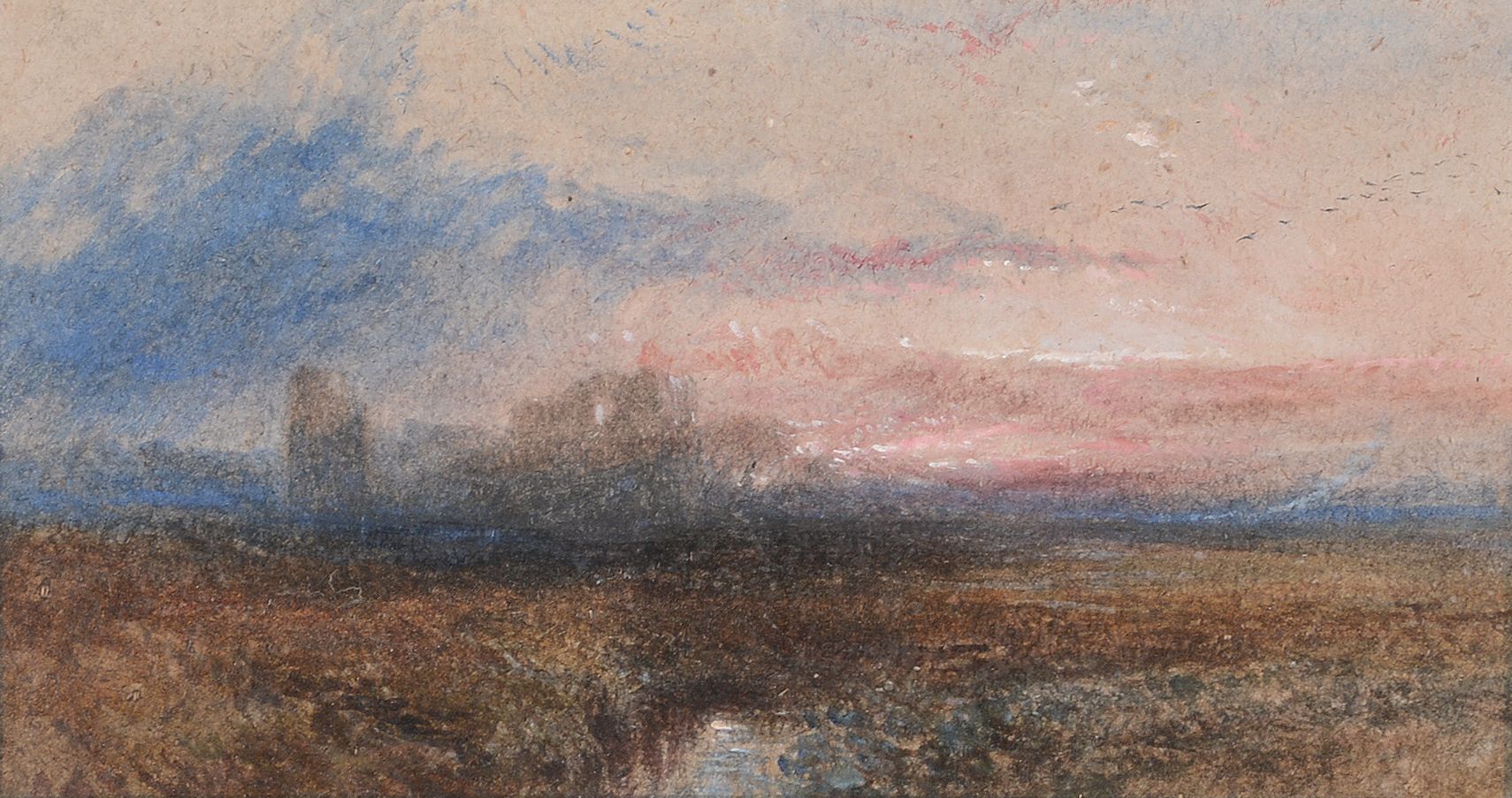 Follower of Albert Goodwin - Sunset with castle ruins Watercolour, with gum arabic, heightened