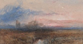 Follower of Albert Goodwin - Sunset with castle ruins Watercolour, with gum arabic, heightened
