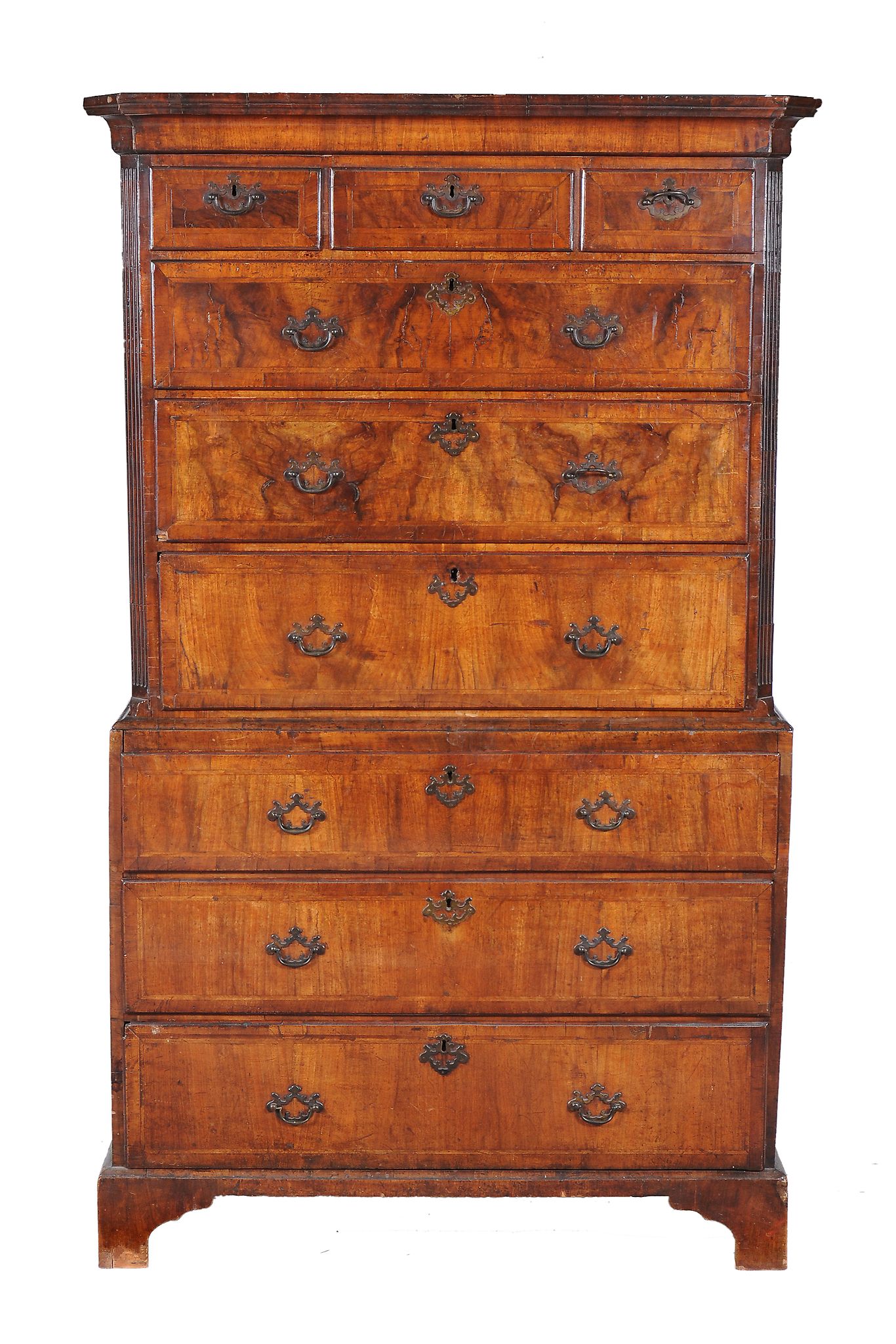 A George III walnut and feather-banded chest on chest , circa 1760  A George III walnut and