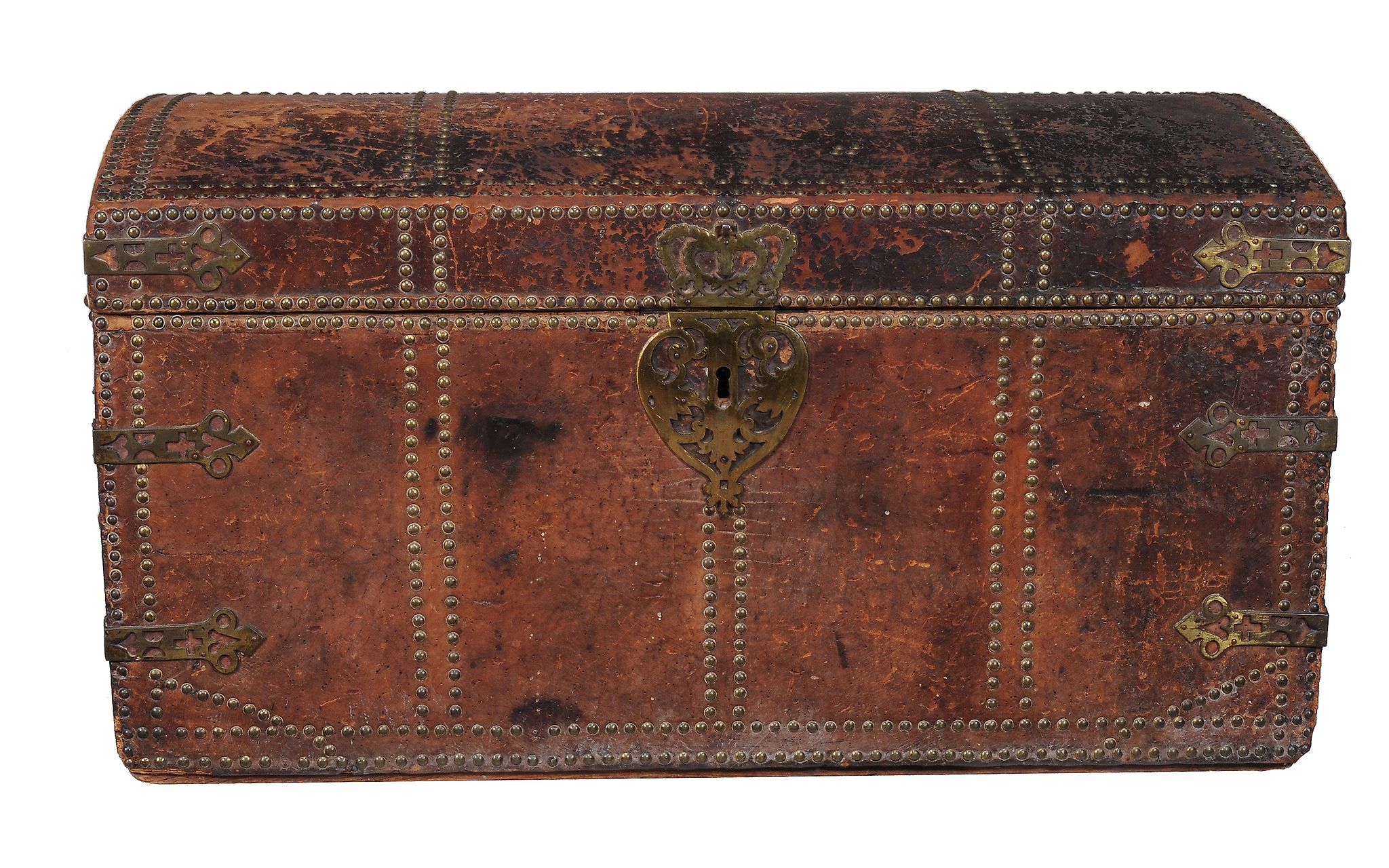 A studded leather chest , early 18th century  A studded leather chest  , early 18th century, the lid