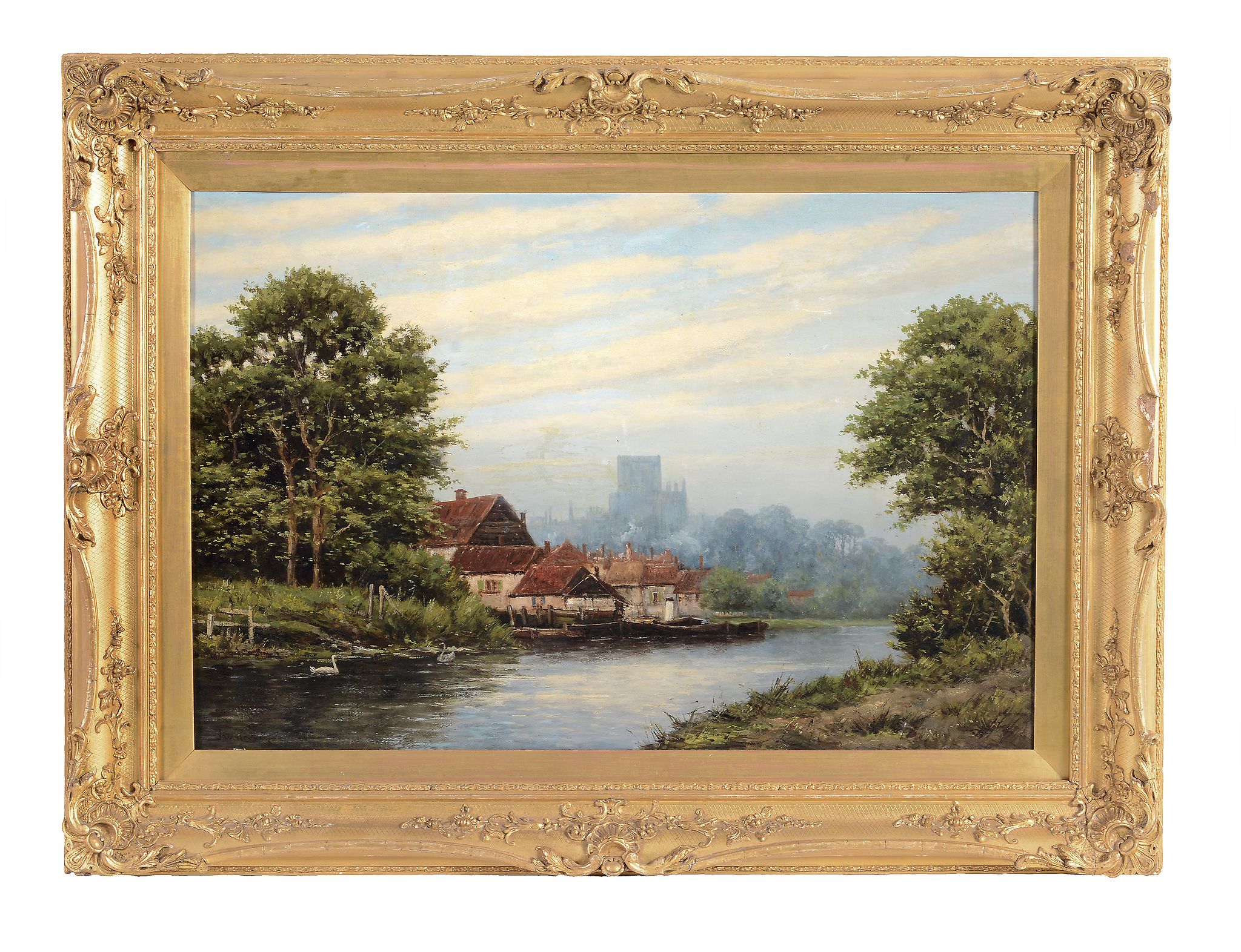 Jan Van Couver (1839-1909) - Dutch River landscape with a Cathedral beyond Oil on canvas Signed - Image 3 of 3
